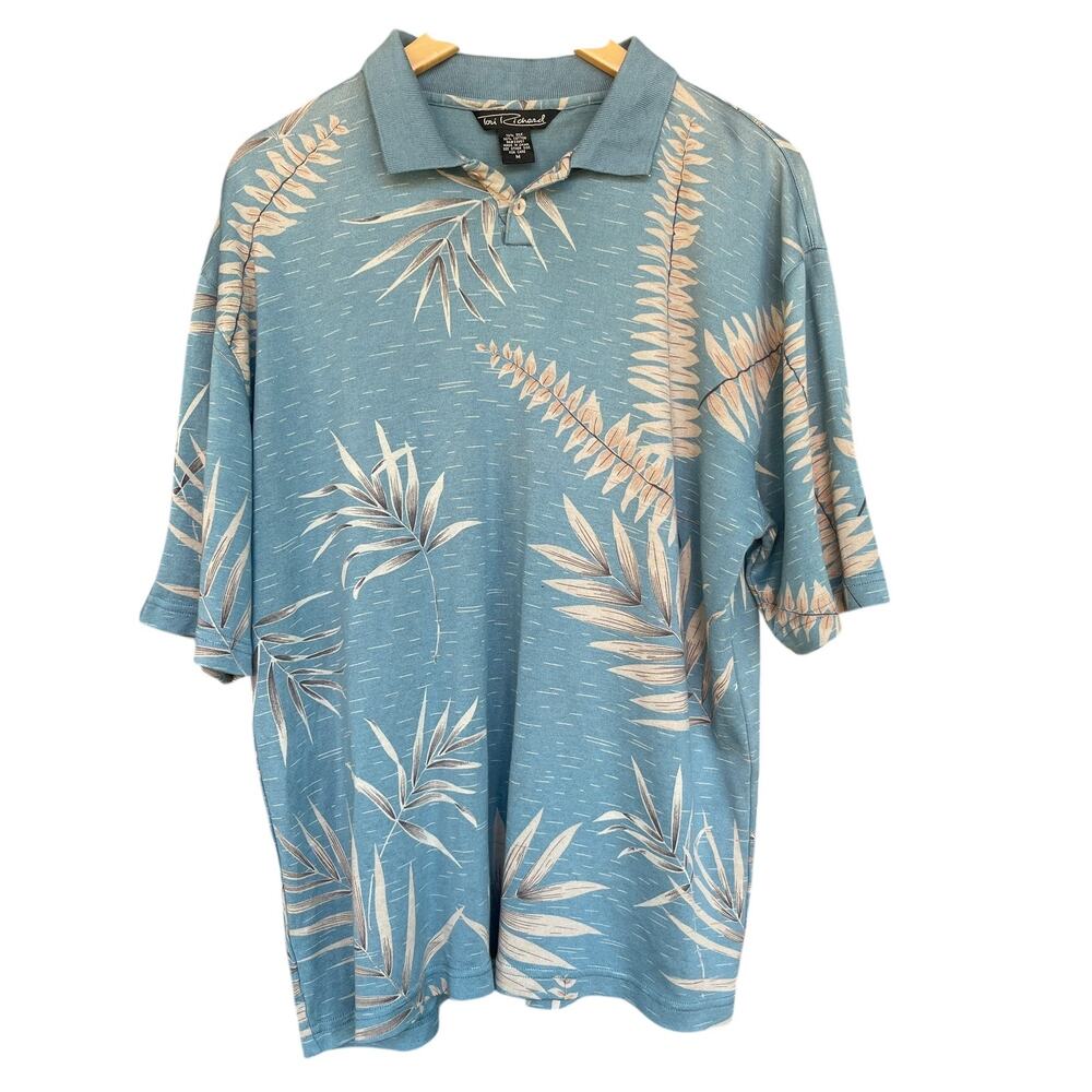 Tori Richards Polo Shirt Mens Silk Medium Blue Palm Hawaiian‎ Floral Tropical